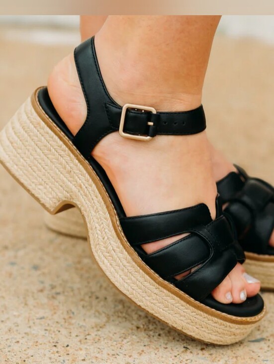 Clarks Shoes - Clarks Coledale Black Leather Strap Platform Espadrille Sandals Sz 8M